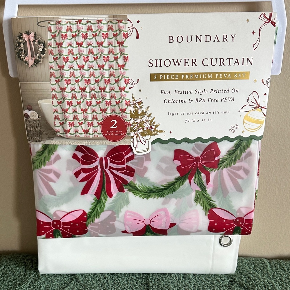 Boundary Festive Red Bow Shower Curtain Holiday Green Garland NEW!
